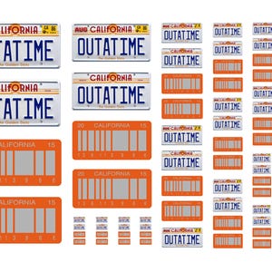 May include: A sheet of 20 California number plates with the text "OUTATIME" printed on each plate. The plates are in various colours and styles, including orange, white, and blue.