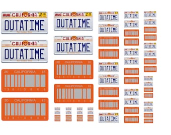 Assorted scale model car Back to the Future license plates tags