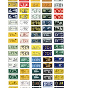May include: A collection of vintage license plates from different states and provinces. The plates are arranged in rows and columns, and they feature a variety of colors, designs, and fonts. Some of the plates have the state name and year, while others have the state motto or a slogan. The plates are a great way to add a touch of Americana to your home decor.