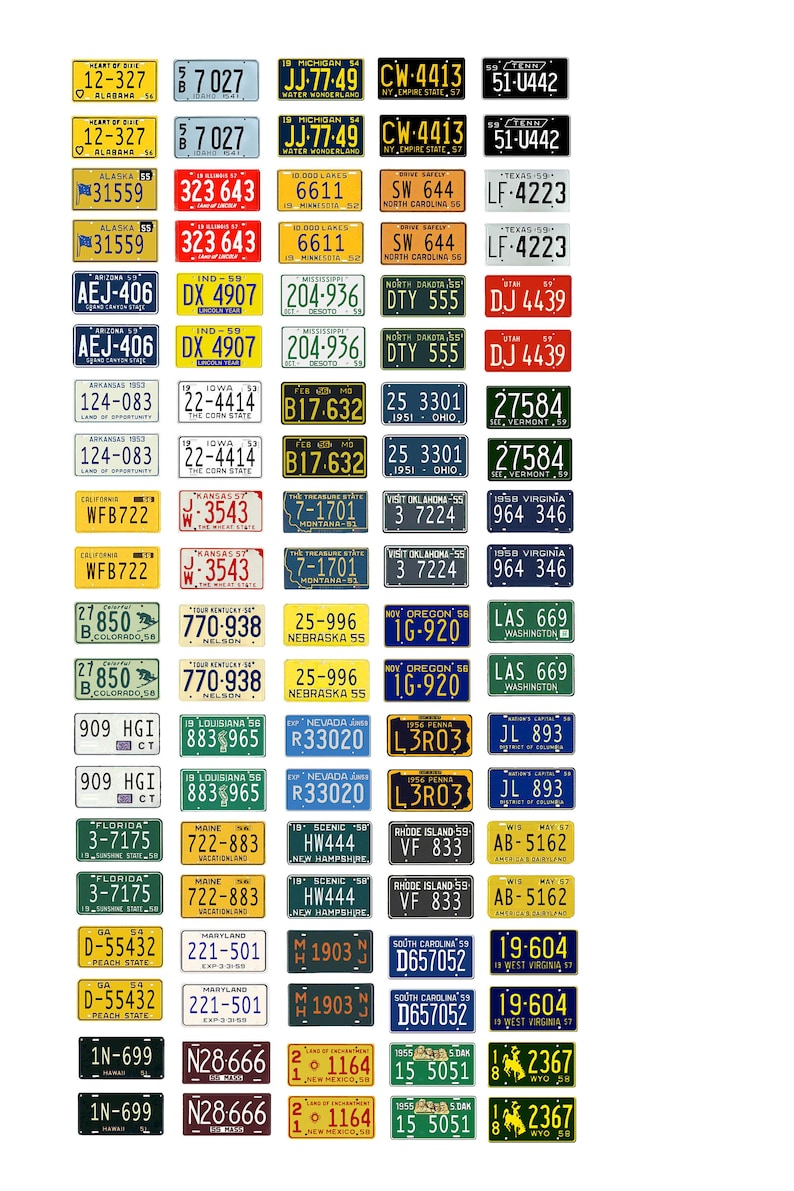 Plate Number Color Code Scale Model Car Assorted USA License Plates State Tags 1950s 1950 1/18 ...