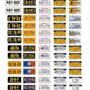 May include: A selection of vintage New York number plates, displaying diverse designs and number combinations. The plates feature different years, including World's Fair editions, and the iconic "Empire State" slogan.