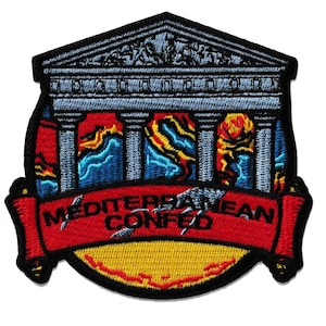May include: Embroidered patch featuring a classical building design with columns and a detailed roofline. The patch includes the text "MEDITERRANEAN CONFED" on a red banner, set against a yellow and black background.