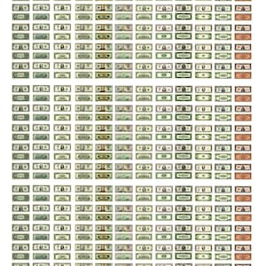 May include: A collection of 100 US dollar bills in various denominations, including $1, $5, $10, $20, $50, and $100 bills. The bills are arranged in rows and columns, with the same denomination in each row. The bills are all in good condition and have a variety of serial numbers.
