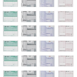 May include: A set of 10 blank invoice forms with perforated edges. The forms are printed on white paper with blue, green, and red lines. Each form has a space for the company name, address, and phone number, as well as a section for the customer's information and a detailed list of items purchased.
