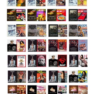 Könnte beinhalten: Eine Collage aus Zeitschriften-Titeln mit einer Vielzahl von Themen, darunter Motorräder, Autos, Mode und Lifestyle. Die Titel sind in einem Raster angeordnet und zeigen eine Vielzahl von Farben und Designs.