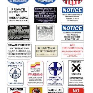 May include: A collection of vintage railroad warning signs. The signs are all different shapes and sizes, and they feature a variety of colors, including red, white, blue, and black. The signs warn people to stay off railroad property and to avoid trespassing. Some signs feature the names of different railroad companies, such as Union Pacific, Santa Fe, and B&O.