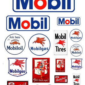 Op de afbeelding: Een verzameling vintage Mobil benzine- en olieborden en logo's. De borden bevatten het iconische rode gevleugelde paardlogo, evenals de woorden "Mobil", "Mobilgas" en "Mobiloil". Sommige borden bevatten ook de tekst "Vraag hier naar Gargoyle Mobiloil" en "Tank vol!"