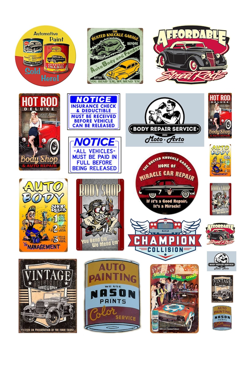 May include: A collection of 16 vintage metal signs featuring classic car themes. The signs feature various designs, including hot rods, auto body shops, and car repair services. Some signs have text, such as "Hot Rod Deluxe", "Auto Body", "Body Shop", "Champion Collision", and "Vintage Originals".