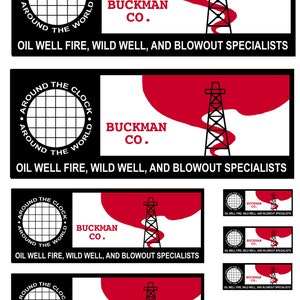 May include: A black and white logo with the text "Around the Clock Around the World" in a circle. The logo is next to the text "Buckman Co." and an illustration of an oil rig with red smoke. The text "Oil Well Fire, Wild Well, and Blowout Specialists" is below the logo.