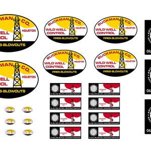 May include: A collection of oval and rectangular stickers featuring the "BUCKMAN CO." logo. The oval stickers have a yellow background with a black oil derrick graphic and the text "WILD WELL CONTROL, FIRES-BLOWOUTS, HOUSTON". The rectangular stickers have the text "OIL WELL FIRE, WILD WELL, AND BLOWOUT SPECIALISTS".