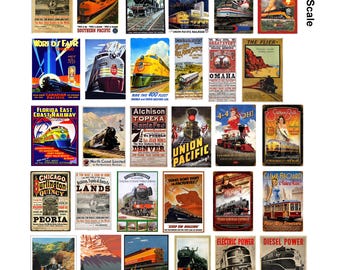 miniature 1:48 O scale model train railroad travel posters