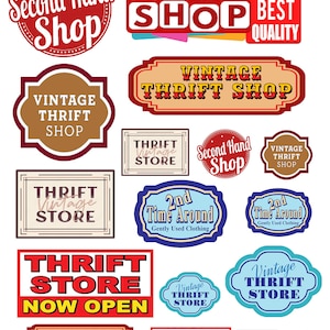 Puede incluir: Una colección de coloridos letreros de tiendas vintage y de segunda mano con textos como "Thrift Store", "Vintage Thrift Shop", "Second Hand Shop" y "Best Quality".