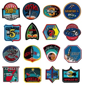 May include: Collection of embroidered patches featuring space exploration themes. Designs include rockets, capsules, and text such as "Gemini," "Apollo," and "Mariner." Patches vary in shape and color, with text like "First Manned Orbital Flight" and "Orbits the Moon."