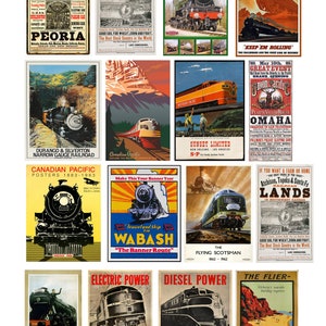 Op de afbeelding: Een verzameling vintage reisposters met treinen en locomotieven. De posters zijn in verschillende stijlen en kleuren, sommige met schilderachtige landschappen en andere die de snelheid en kracht van de treinen benadrukken. De posters zijn een geweldige manier om een ​​toets van nostalgie toe te voegen aan elk huis of kantoor.