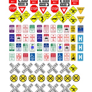 May include: A collection of 48 different road signs, including speed limit, stop, yield, wrong way, dead end, no parking, and railroad crossing signs. The signs are all in various colors and shapes, and some have text on them.