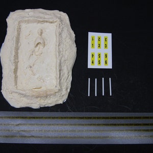 Puede incluir: Un molde de yeso blanco de una figura humana, con un pequeño marco rectangular alrededor de la figura. El molde está sentado sobre una superficie negra. Hay seis palitos blancos, un trozo de papel con los números del 1 al 6 y un trozo de cinta transparente con las palabras "Escena del crimen - No cruzar" impresas en él.