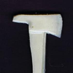May include: A white plastic toy axe with a wooden handle. The axe is a simple design with a rounded blade and a straight handle.