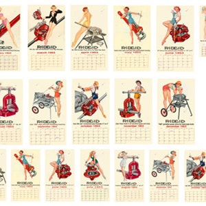 May include: A set of 12 vintage calendar cards featuring pin-up style illustrations of women with red, white, and blue accents. Each card features a different month of the year and a red tool with the word "RIDGID" printed on it.