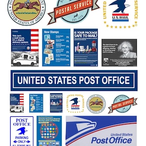 Puede incluir: Una colección de gráficos del Servicio Postal de los Estados Unidos, incluyendo logotipos, sellos y carteles informativos. Presenta el emblema del águila, ilustraciones de camiones de correo, advertencias de materiales peligrosos y texto.