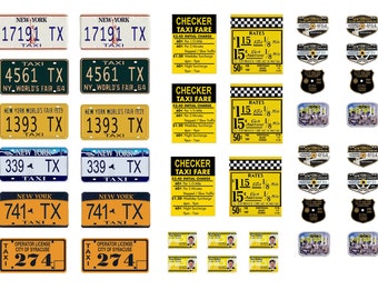 miniature  scale model New York Taxi Cab license plates signs medallions