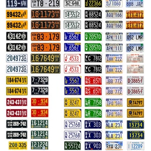 May include: A collection of vintage Kansas license plates in various colors and designs. The plates feature different numbers, letters, and state slogans. Some plates are yellow with black lettering, while others are black with white lettering. The plates are arranged in rows and columns, creating a visually appealing display.