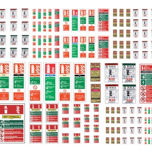 Op de afbeelding: Een verzameling brandblusser veiligheidsstickers met verschillende instructies en waarschuwingen. De stickers zijn rood, groen, wit en zwart met een verscheidenheid aan symbolen en tekst. De stickers bevatten informatie over het type brandblusser, hoe deze te gebruiken en voor welke soorten branden deze veilig kan worden gebruikt.