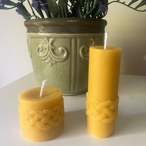 Coral’s Pure Beeswax Celtic knot Small Pillars Set of 2