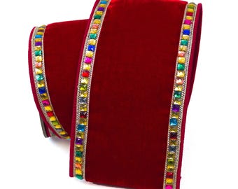 Red crushed velvet ribbon  with gems.  4 inch x 5 yards