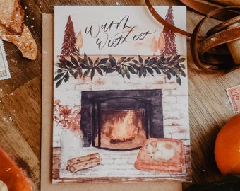 Warm Wishes | Cozy Fireplace Dog Lover Greeting Card | Gifts for Dog Owner | 2021 Holiday Christmas Card | Painted Boho | Eco Sustainable