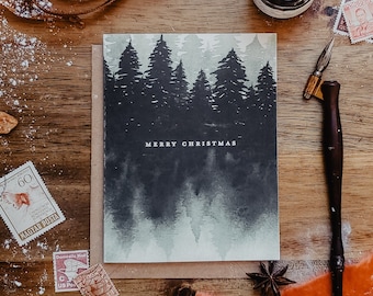 Watercolor Forest | Merry Christmas Holiday 2021 Card | Handpainted Greeting Card | Trees Adventure Outdoors Camping | Eco Friendly Business