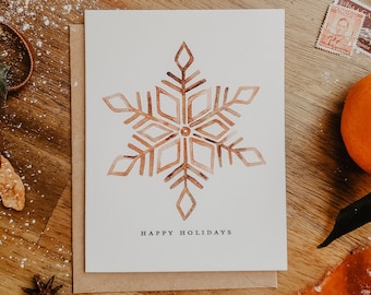 Watercolor Scandinavian Snowflake Card | Happy Holidays  Painted Christmas Card | Simple Modern Minimal Holiday 2021 | Eco Friendly Card