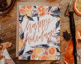 Watercolor Christmas Oranges Card | Painted Happy Holidays 2021 Scandinavian Vintage Decor | Vintage Christmas | Zero Waste Eco Sustainable