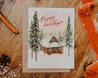 Winter Wonderland Landscape Christmas Card | Handpainted Watercolor Cabin Scene Holiday Card | Boxed Set Christmas Cards | Paperbec