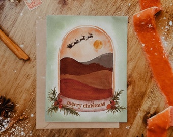 Boho Snow Globe Christmas Card | Santa Sleigh Handpainted Watercolor | Boho Desert Greeting Card | Boxed Set Christmas Cards | Paperbec