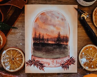 Merry and Bright | Boho Lake Snow Globe Christmas Card | Sunset Lake Handpainted Watercolor Greeting Card | Boxed Set Christmas Cards