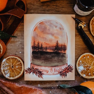 Joyeux et lumineux | Carte de Noël de boule à neige de Boho Lake | aquarelle peinte à la main de Sunset Lake | Coffret Cartes de Noël