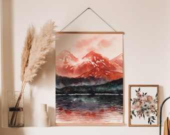 Boho Wall Decor | Watercolor Mountain Lake Landscape Abstract Physical Art Print | North Cascades PNW National Park | Rust Orange Bohemian