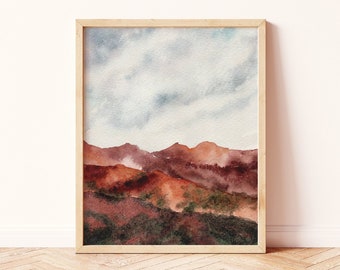 Boho Wall Decor | Watercolor Mountain Landscape Abstract Physical Art Print | Colorado Rocky National Park | Rust Orange Bohemian | Paperbec