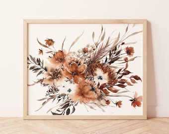 Boho decoración de la pared / acuarela flores secas / óxido neutro naranja marrón / peonía flores silvestres boda ramo impresión / Boho hogar dormitorio
