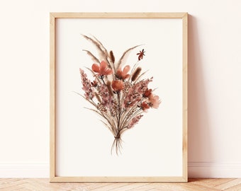 Boho Wall Decor | Watercolor Dried Floral Pampas Minimal Bouquet | Wildflower Wedding Physical Print | Bohemian Home Bedroom
