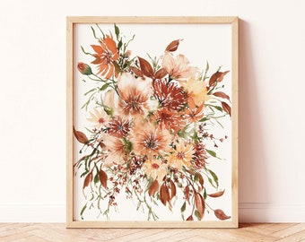 Boho Wanddeko | Aquarell Getrocknete Magnolien Blumen Retro Print | WildblumenStrauß Physical Print | Boho Home Schlafzimmer 70er Jahre Kunst