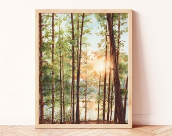 Forest Sunset Watercolor Print | Algonquin Park Painting | Forest Landscape Painting | Cottagecore Decor | Pine Tree Forest Art Print |