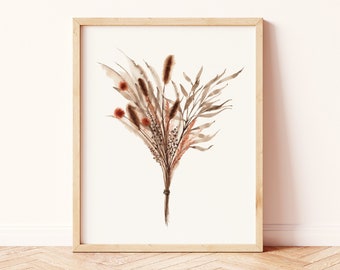 Boho Decoración de la pared / Acuarela Seca Floral Pampas Óxido Neutro Ramo Mínimo / Flor Silvestre Boda Estampado Físico / Boho Home Dormitorio