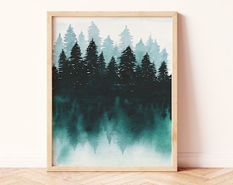 | de décoration murale Boho Aquarelle Forêt Art Physique Impression | Teal Cottage | | de peinture d’arbre du Nord | paysage original du lac Tree Paperbec