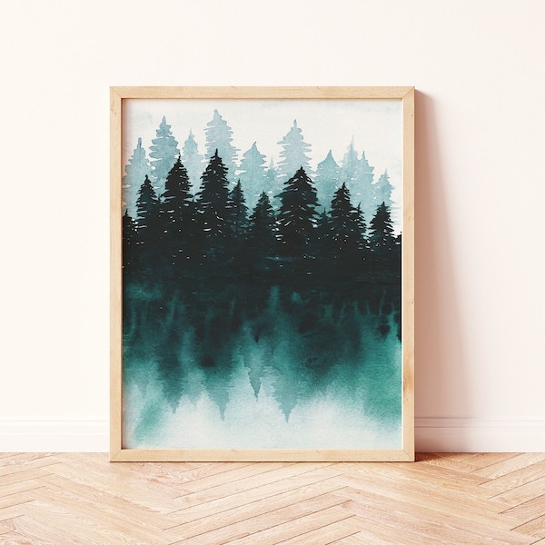 Boho Wall Decor | Watercolor Forest Physical Art Print | Teal Cottage | Northern Tree Painting | Original Tree Lake Landscape | Paperbec