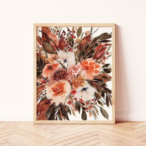 Boho Wall Decor Fall Art Watercolor Bohemian Wildflower Orange Brown Rust Terracotta Greenery Magnolia Leaves Bouquet Physical Print image 1