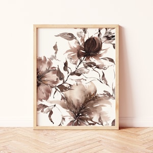 Boho Wall Decor / Moody Modern Organic Watercolor Florals / Neutral Brown Black Purple Grey / Peony Wedding Bouquet Print / Living Room imagen 1