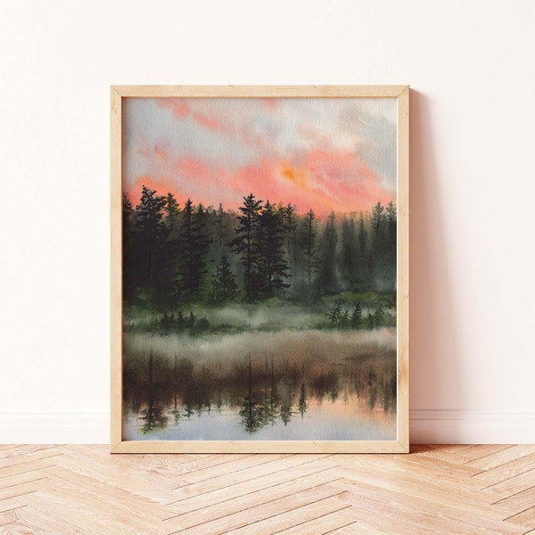 Sunrise Lake Aquarelle | Peinture de paysage forestier | Cottagecore Decor | Aquarelle Coucher de soleil | Forest Lake Art Print | Art du pin