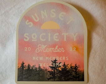 Sunset Society Waterproof Vinyl Sticker | Outdoorsy Adventure Art | Boho Sun Sticker | Water Bottle Stickers | Sticker for Laptop Cooler