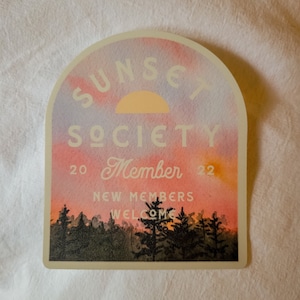 Sunset Society Waterproof Vinyl Sticker | Outdoorsy Adventure Art | Boho Sun Sticker | Water Bottle Stickers | Sticker for Laptop Cooler